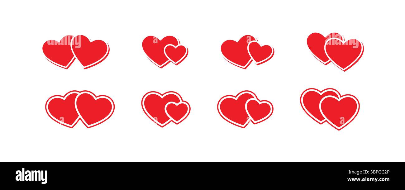 Icone di cuore che rappresentano amore, romanticismo, relazione, affetto e connessione emotiva con forme sovrapposte in variazioni in bianco e nero Illustrazione Vettoriale