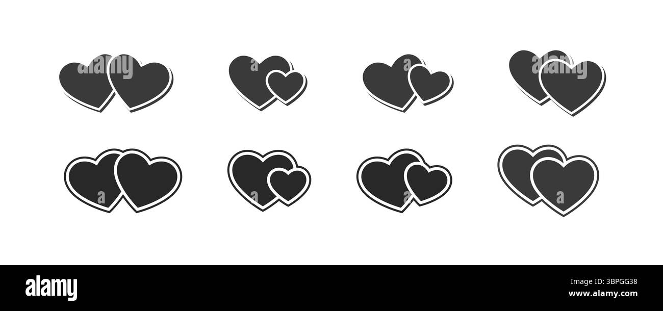Icone di cuore che rappresentano amore, romanticismo, relazione, affetto e connessione emotiva con forme sovrapposte in variazioni in bianco e nero Illustrazione Vettoriale