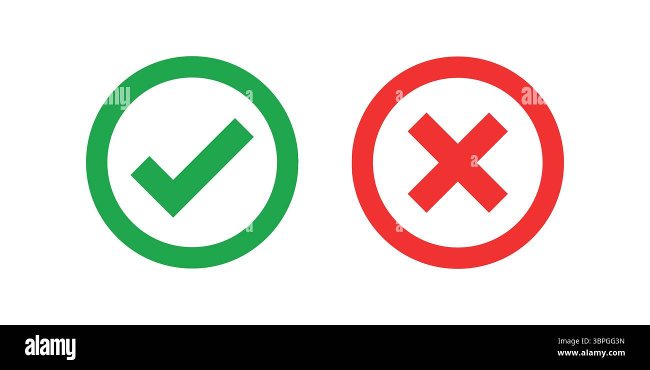 Icone di controllo e croce che indicano la correttezza, l'errata, l'approvazione, l'errore, sì, no, conferma e decisione Illustrazione Vettoriale