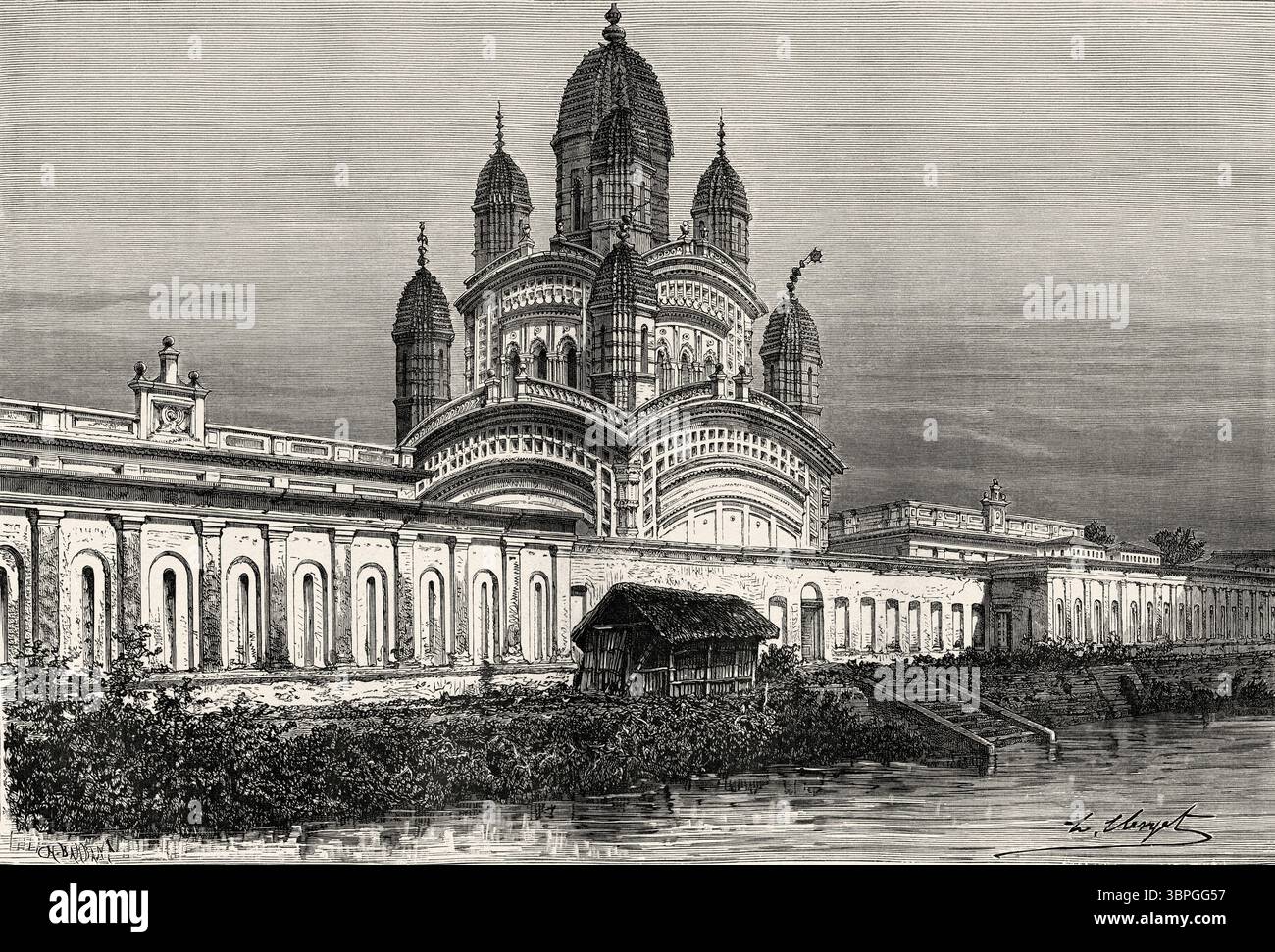 Tempio Dakshineswar Kali, tempio indù navaratna a Dakshineswar, Nord 24 Parganas, Bengala Occidentale. India. Disegno di Hubert Clerget (1818-1899) viaggi in India centrale e nelle Presidenze di Bombay e Bengala, 1876 di Louis Theophile Marie Rousselet (1845-1929) le Tour du Monde 1874 Foto Stock