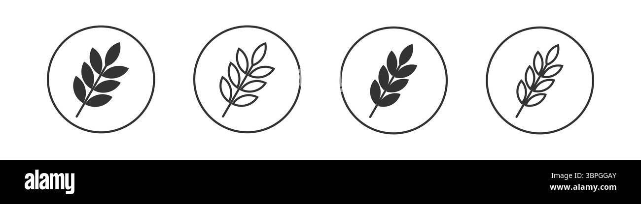 Icone di foglie e frumento che rappresentano l'agricoltura, l'agricoltura, la natura, la crescita biologica, concetti ecologici, sostenibilità ed elementi botanici Illustrazione Vettoriale