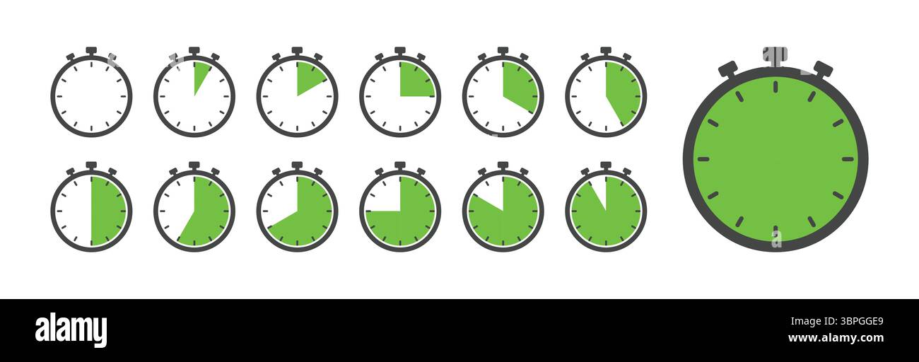 Icona cronometro impostata con diversi livelli di avanzamento, che mostra intervalli di tempo variabili in un design semplice e pulito con segmenti verdi che indicano il tempo trascorso Illustrazione Vettoriale
