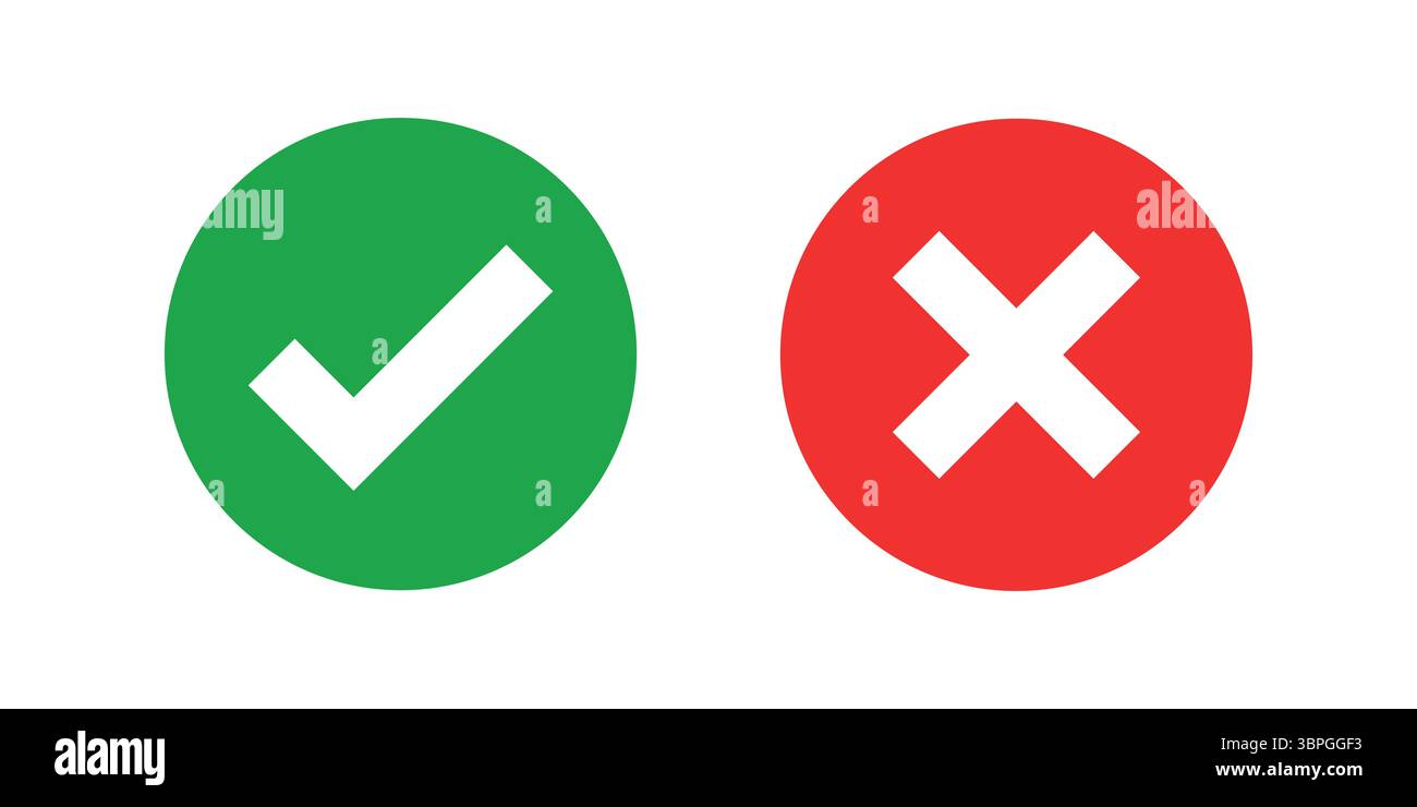 Icone di controllo e croce che indicano la correttezza, l'errata, l'approvazione, l'errore, sì, no, conferma e decisione Illustrazione Vettoriale