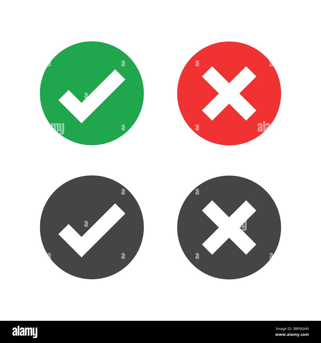 Icone di controllo e croce che indicano la correttezza, l'errata, l'approvazione, l'errore, sì, no, conferma e decisione Illustrazione Vettoriale