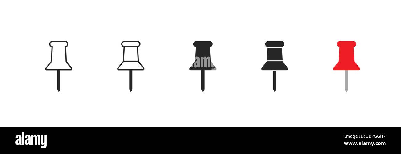 Premere le icone dei pin che rappresentano l'aggiunta, il promemoria, il contrassegno, la nota, la posizione, e strumenti di organizzazione per l'uso della pianificazione digitale e fisica Illustrazione Vettoriale