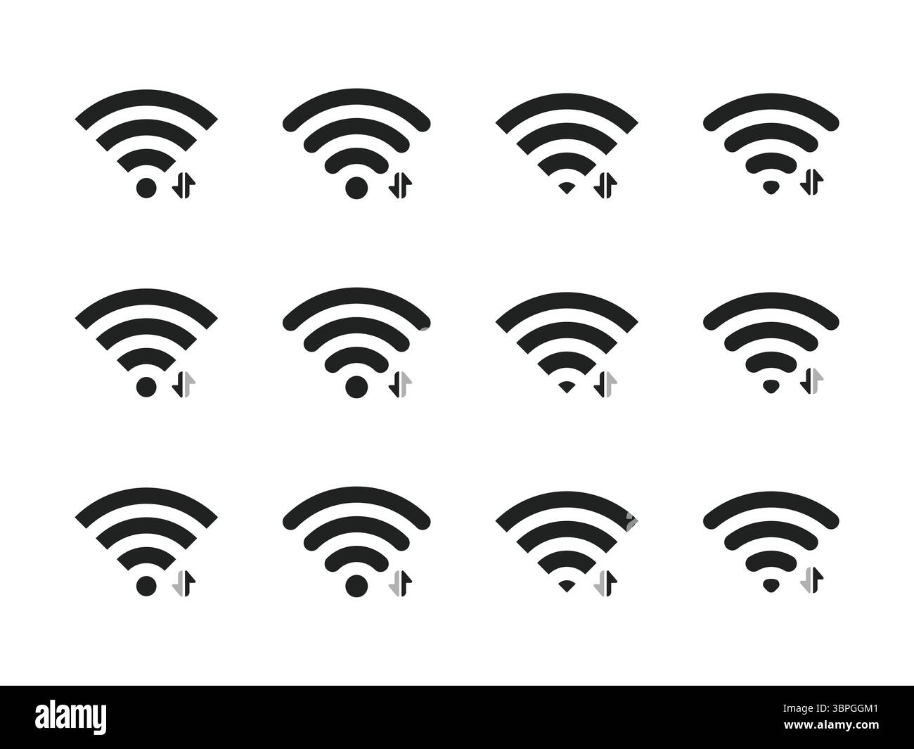 Icone del segnale Wi-Fi per la connettività di rete e la comunicazione con livelli di potenza variabili e assenza di segnale Illustrazione Vettoriale