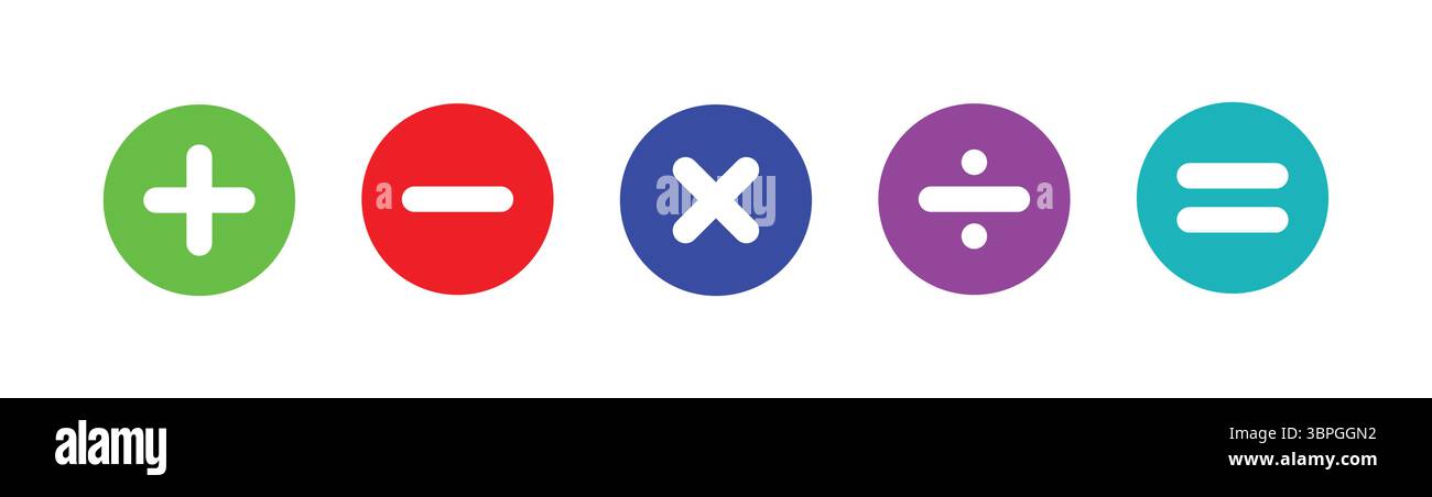 Simboli di operazioni matematiche più, meno, icone di moltiplicazione e divisione in un design semplice, che rappresenta l'operazione aritmetica di base Illustrazione Vettoriale