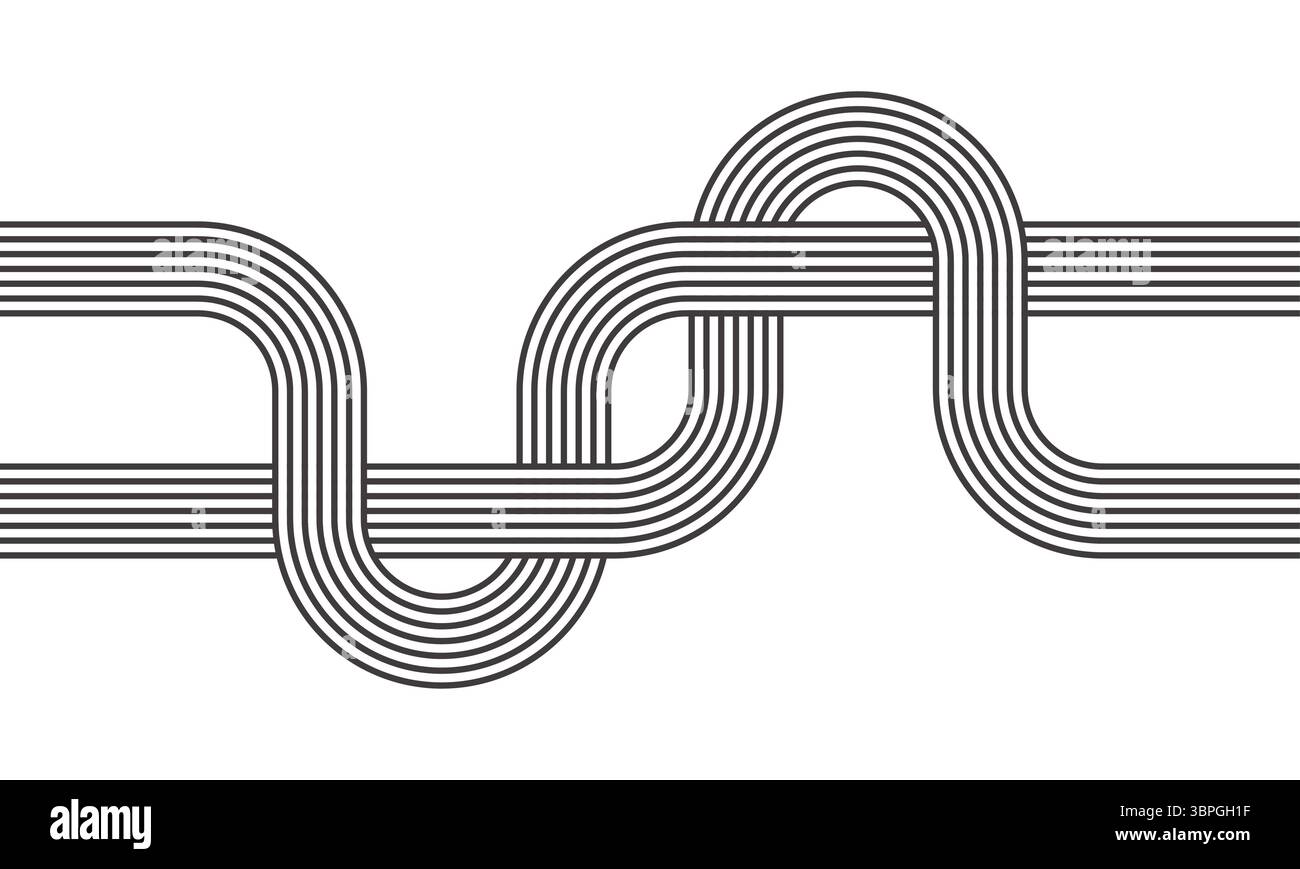 Disegno astratto di linee parallele intersecanti che formano un complesso schema di nodo in bianco e nero Illustrazione Vettoriale