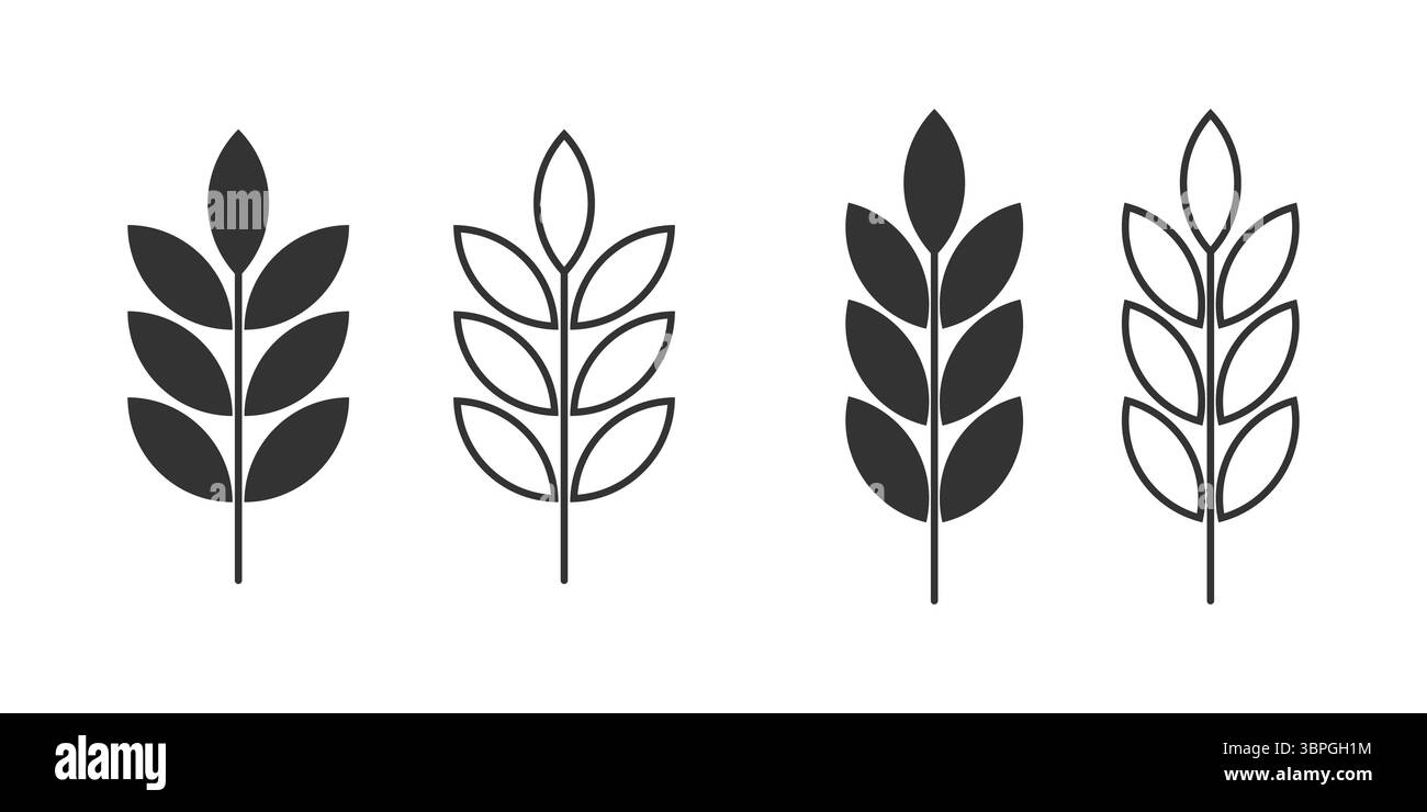 Icone di foglie e frumento che rappresentano l'agricoltura, l'agricoltura, la natura, la crescita biologica, concetti ecologici, sostenibilità ed elementi botanici Illustrazione Vettoriale