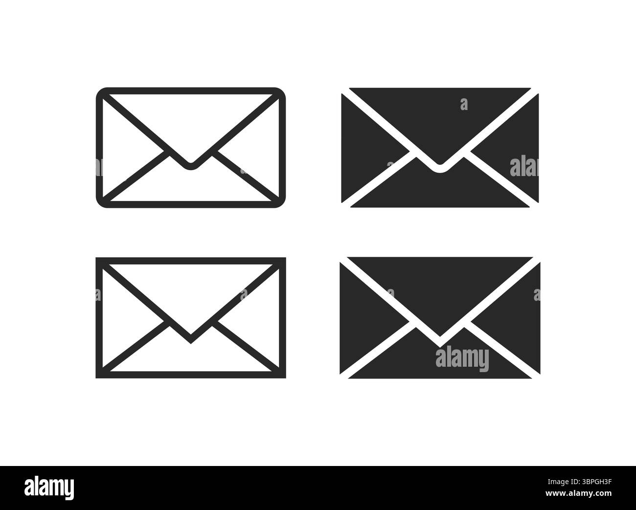 Icone delle buste per e-mail, messaggi e comunicazioni con variazioni aperte e chiuse in bianco e nero, ideali per il servizio postale e le notifiche Illustrazione Vettoriale