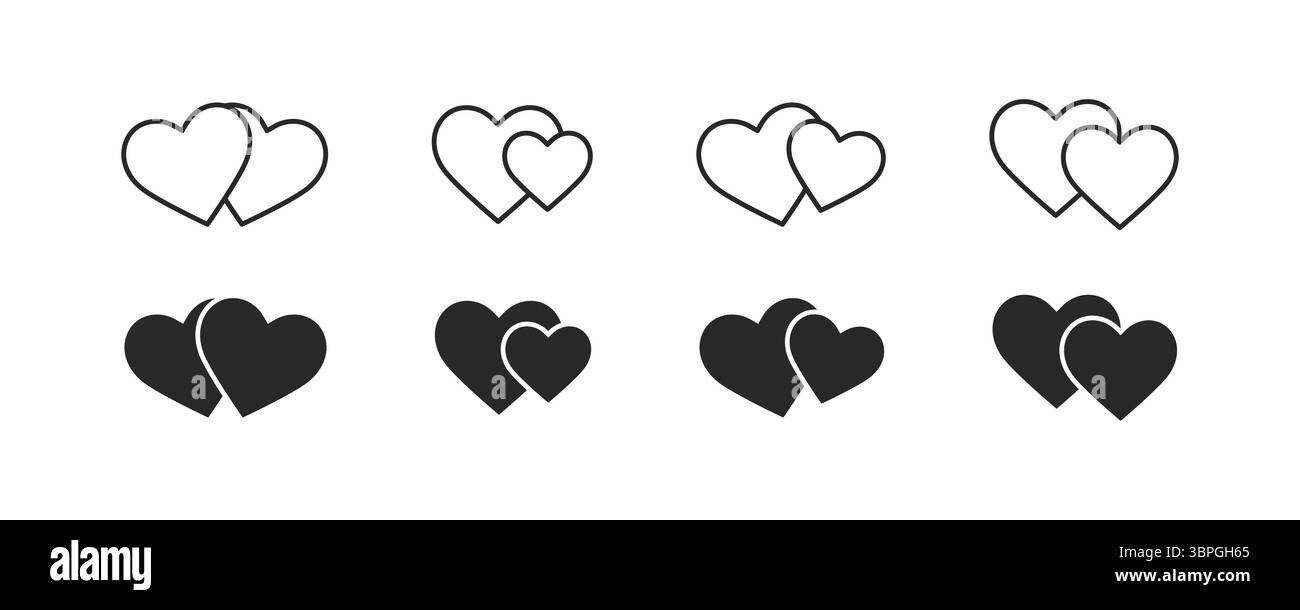 Icone di cuore che rappresentano amore, romanticismo, relazione, affetto e connessione emotiva con forme sovrapposte in variazioni in bianco e nero Illustrazione Vettoriale