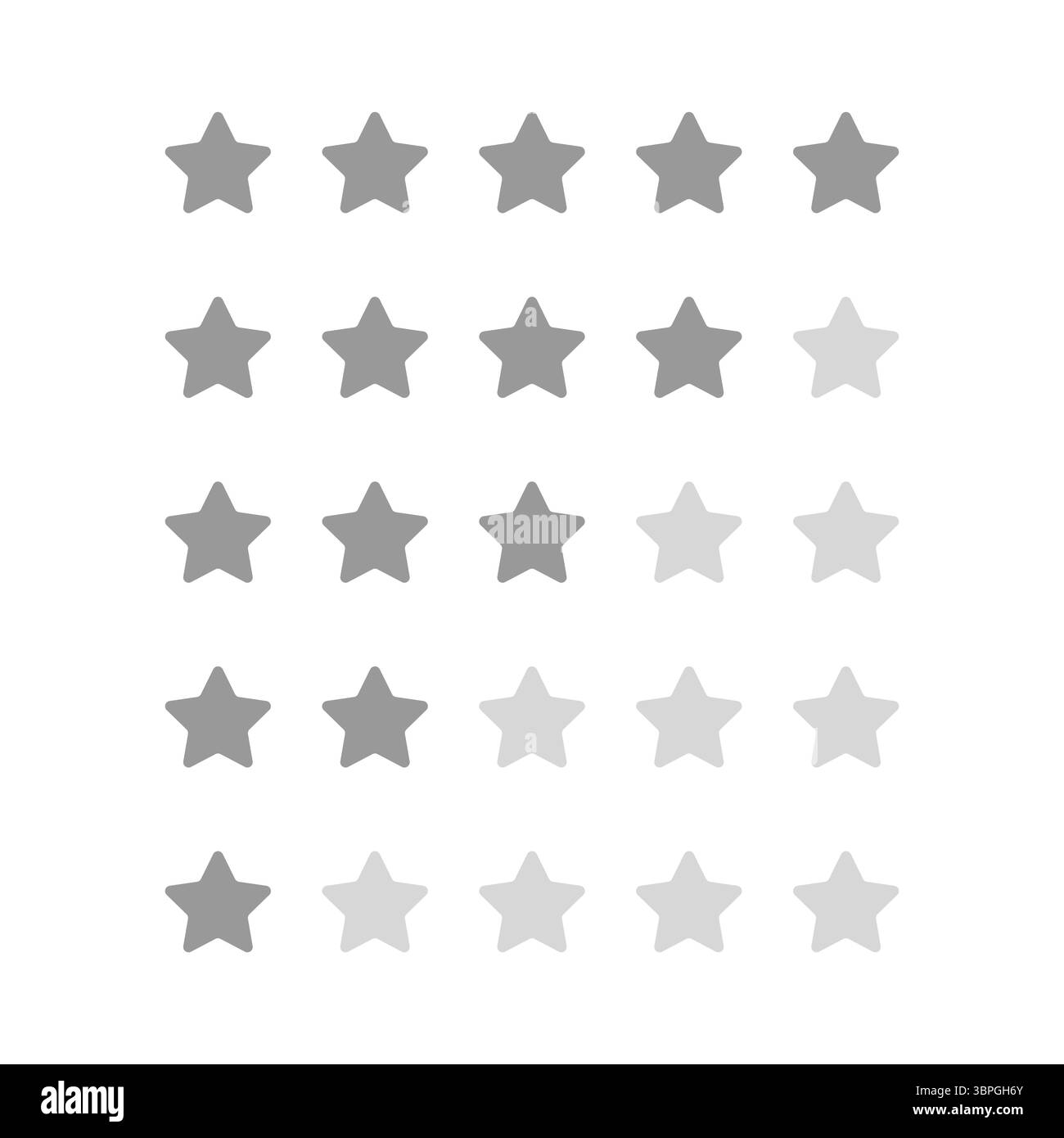 Icone di valutazione a stelle in varie tonalità di grigio, da pieno a non pieno, che rappresentano diversi livelli di valutazione o punteggi in un sistema di valutazione visiva Illustrazione Vettoriale