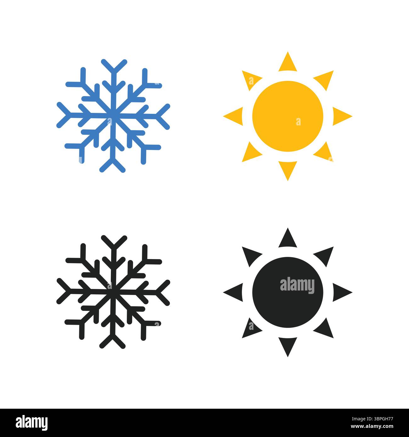Set di icone meteorologiche con fiocco di neve e sole in diversi schemi di colori che rappresentano le condizioni climatiche fredde e calde Illustrazione Vettoriale