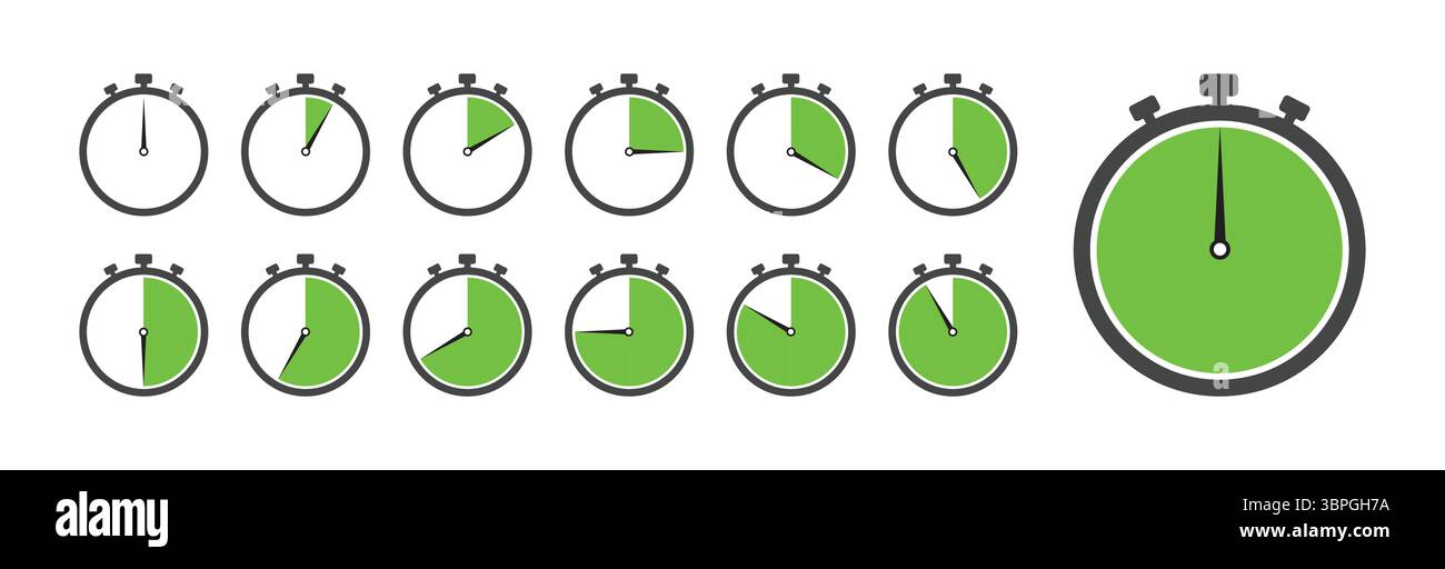 Icona cronometro impostata con diversi livelli di avanzamento, che mostra intervalli di tempo variabili in un design semplice e pulito con segmenti verdi che indicano il tempo trascorso Illustrazione Vettoriale