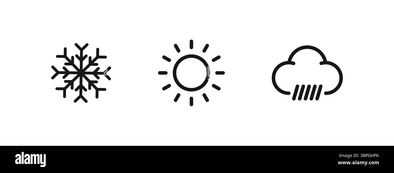 Icone meteorologiche che rappresentano neve, sole e pioggia con semplici disegni in linea che mostrano varie condizioni meteorologiche per il freddo, il caldo e la pioggia Illustrazione Vettoriale