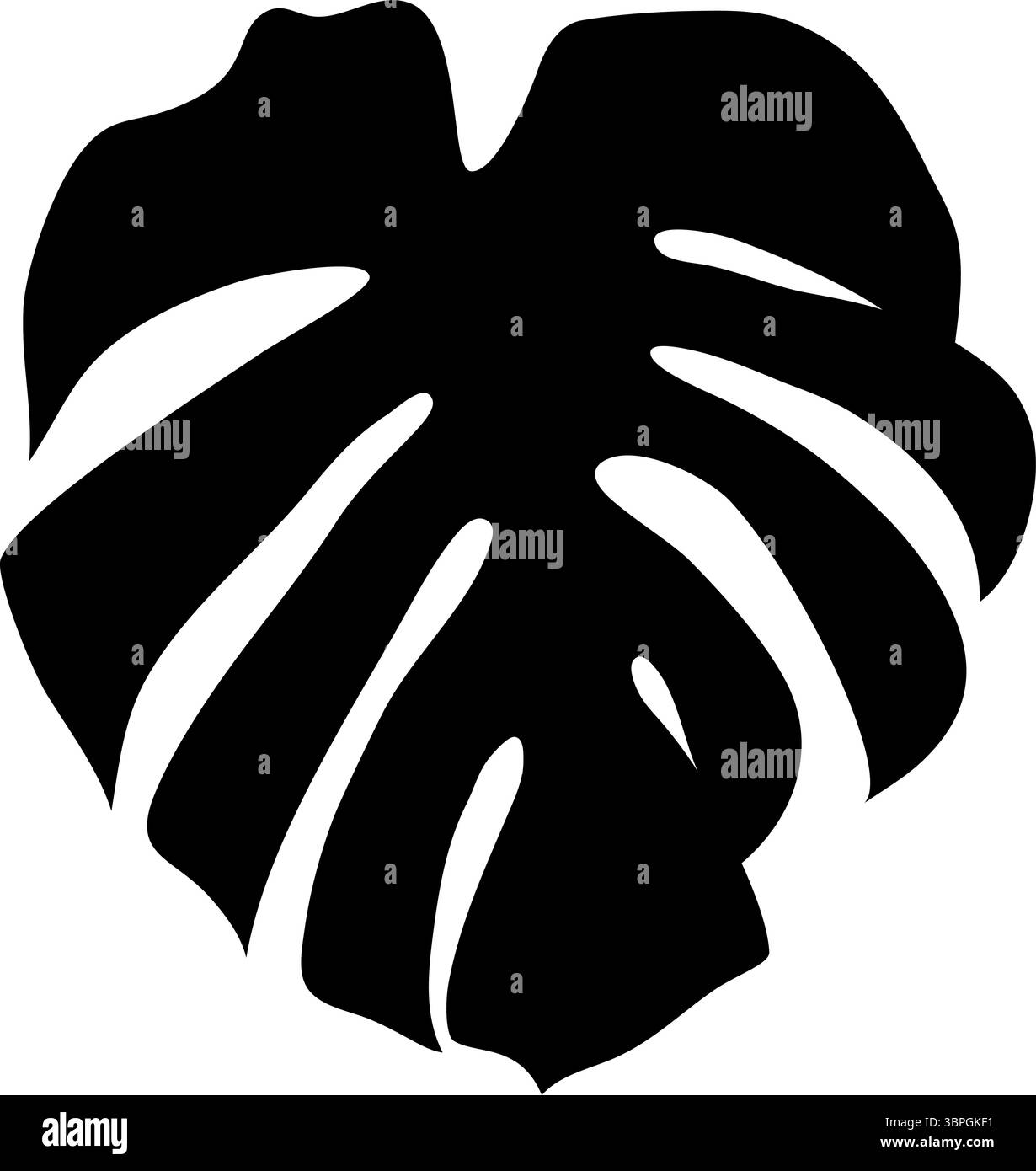 Vector audace silhouette esotica nera di una foglia di Monstera deliciosa, che cattura l'essenza della flora tropicale con le sue iconiche fenestrazioni Illustrazione Vettoriale