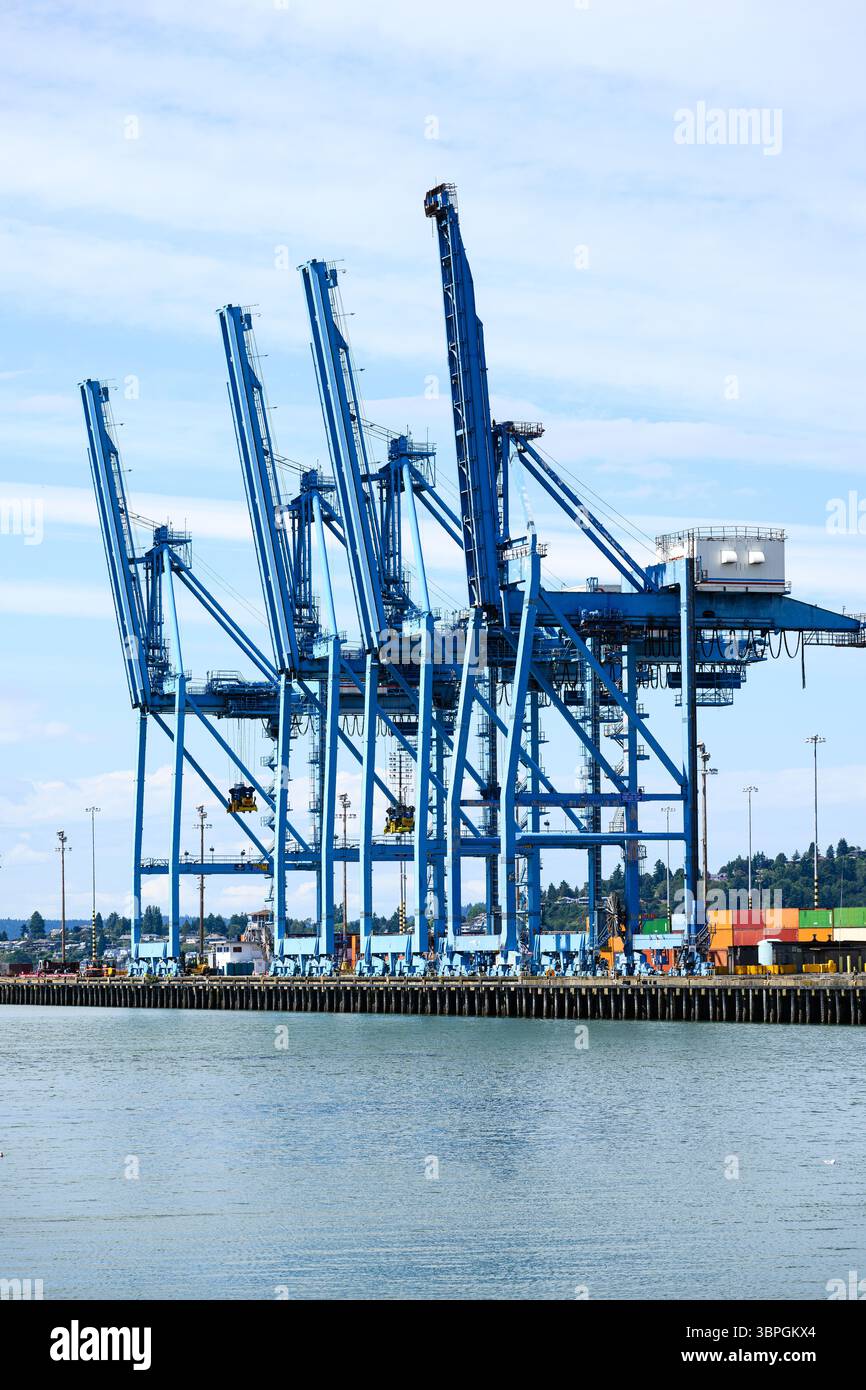 Gru blu del porto di carico al minimo in posizione sollevata del braccio senza lavoro durante il rallentamento economico Foto Stock