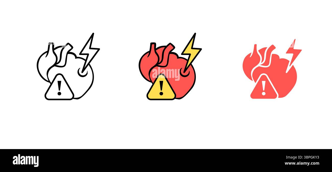 Icone di allarme cardiaco con fulmini ed esclamazioni in nero e rosso Illustrazione Vettoriale