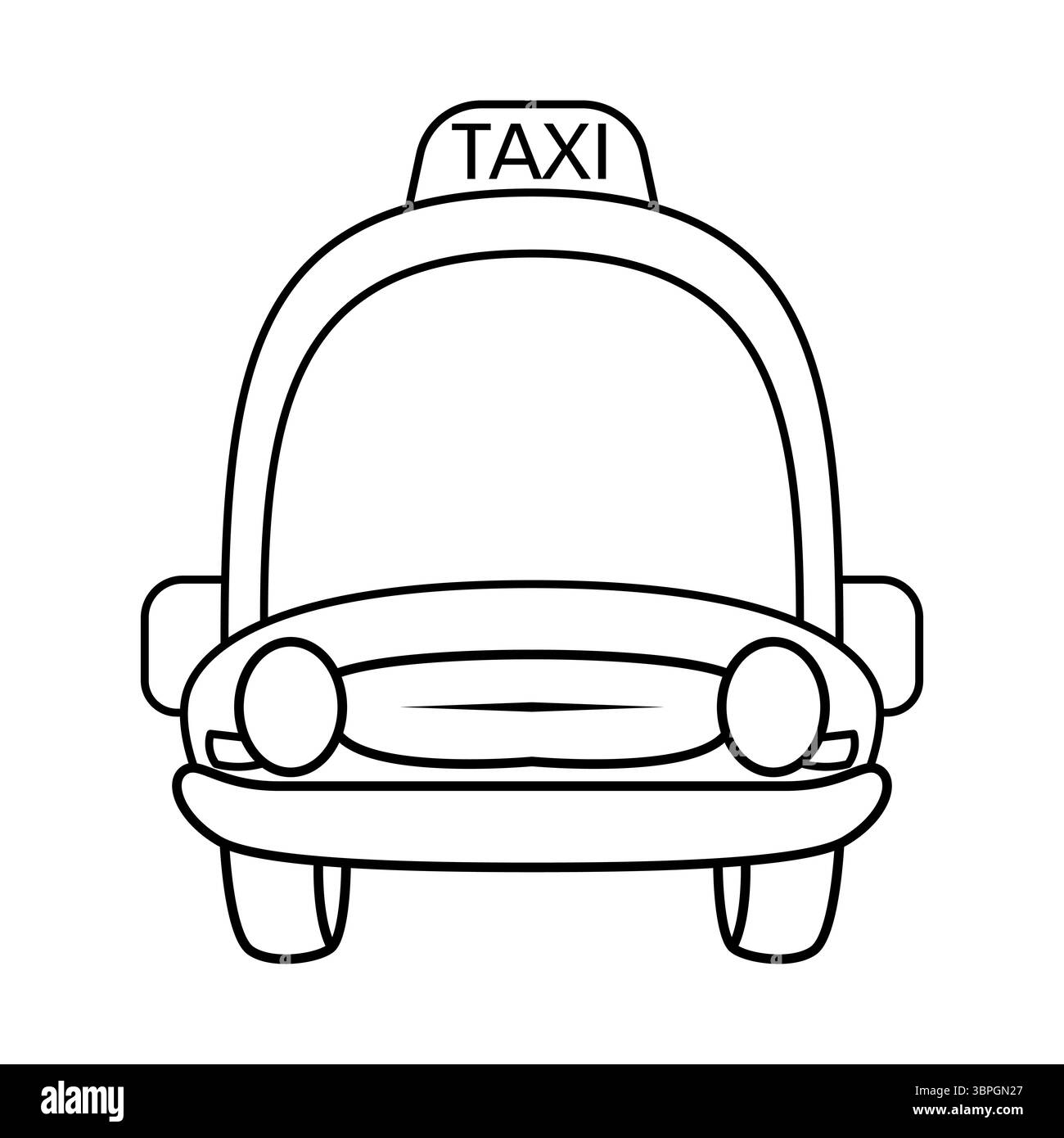 Illustrazione vettoriale della vista frontale del taxi. Questa è un'illustrazione vettoriale di un taxi, mostrata dal davanti con un contorno bianco e nero. Illustrazione Vettoriale