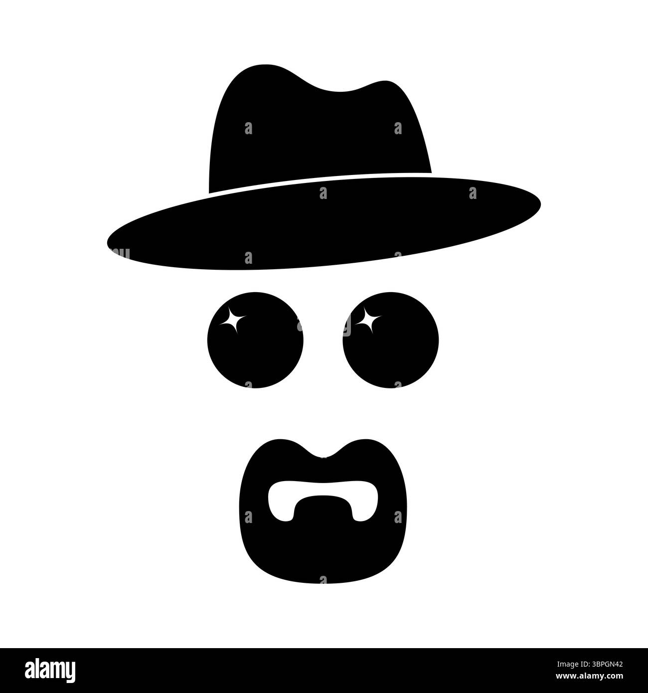 Personaggio misterioso con figura vettoriale con silhouette a cappello. Questo disegno vettoriale ritrae un volto stilizzato con audaci elementi minimalisti. Illustrazione Vettoriale