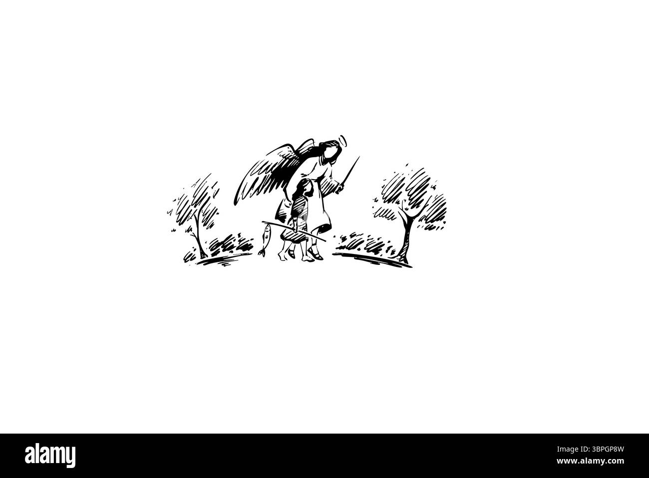 L'immagine di un angelo esiste magnificamente, circondato da alberi lussureggianti in una scena armoniosa Foto Stock