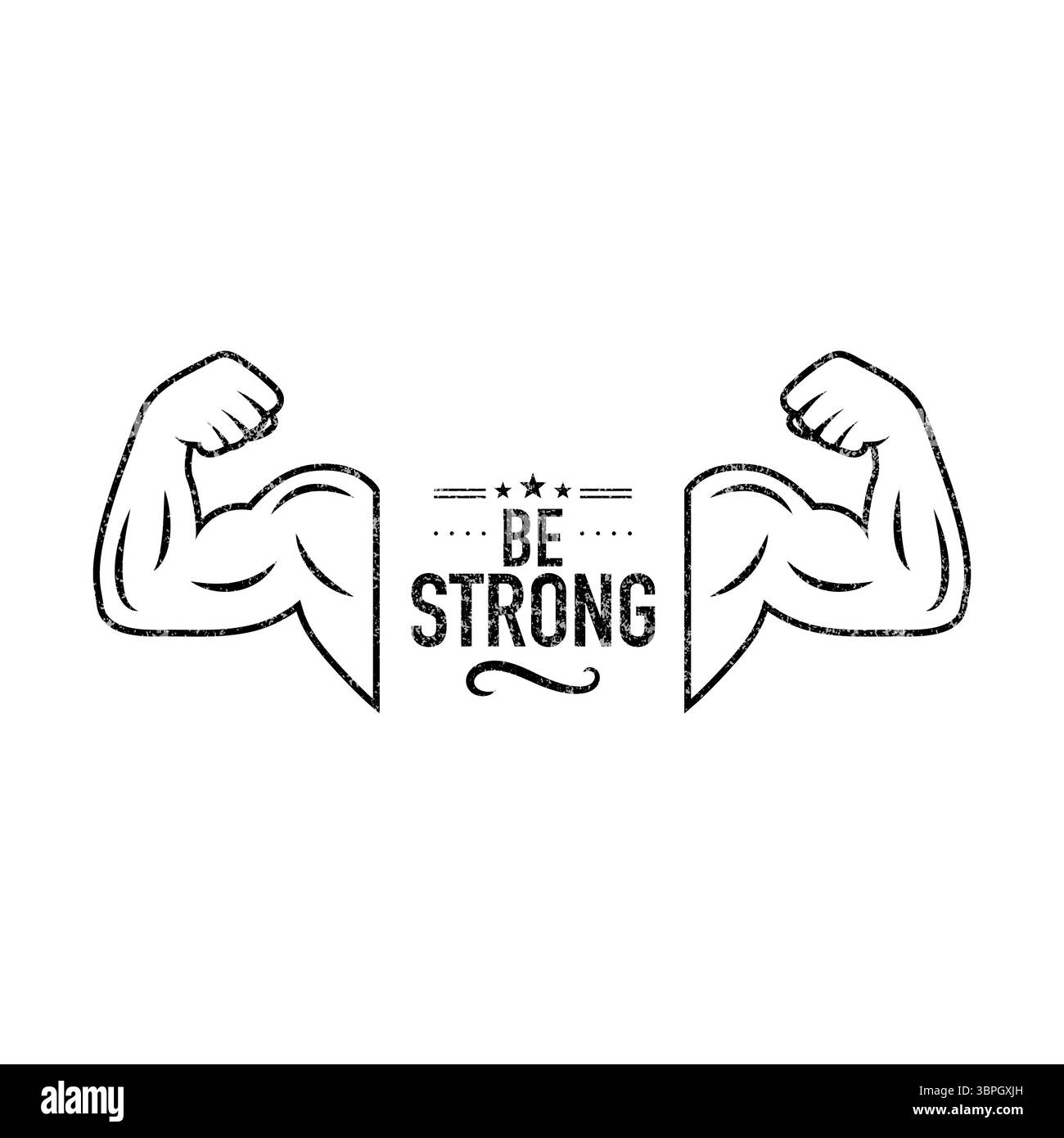 Siate forti e motivazionali illustrazioni vettoriali. Silhouette muscolare a braccia forti. Citazione ispiratrice per fitness, logo palestra. Uomo forte, motivazione all'allenamento Illustrazione Vettoriale