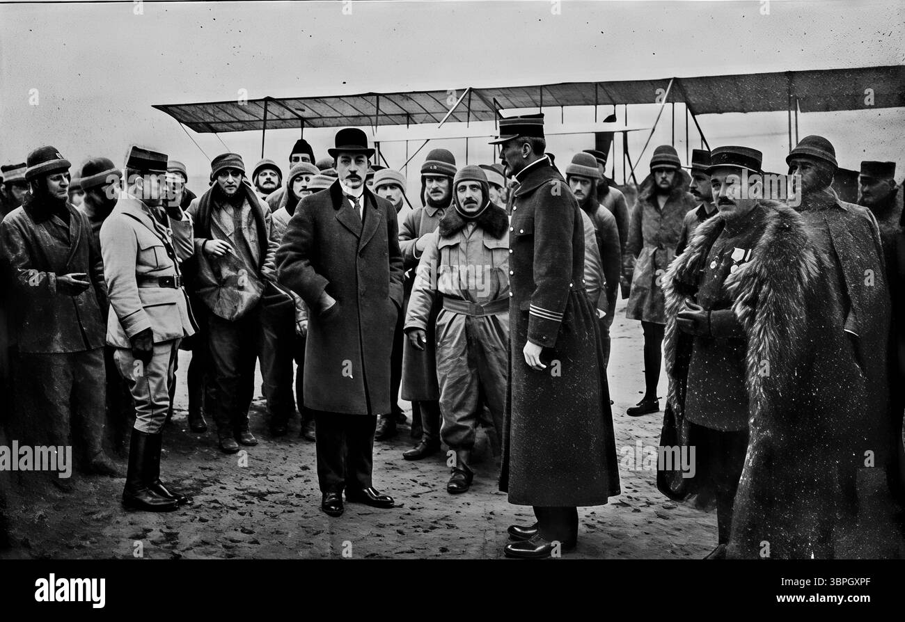 Il ministro dell'aviazione francese René Besnard visita una scuola di volo militare della prima guerra mondiale, circondata da piloti addestrati e ufficiali. Fotografata poco prima delle sue dimissioni, questa immagine del 1916 riflette la crescente importanza della potenza aerea nella prima guerra mondiale e gli investimenti della Francia nell'addestramento aereo e nell'innovazione. Da l'Illustration, che mostra la leadership dell'aviazione militare. Foto Stock