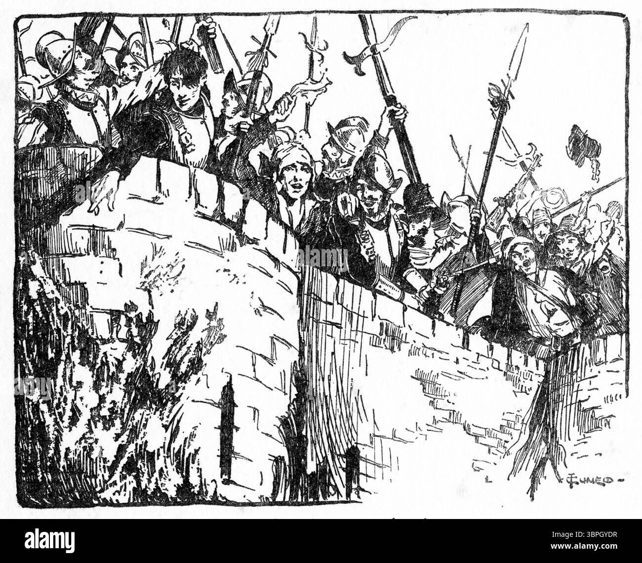 Una folla di cavalieri e donne gridano di gioia per la vittoria della difesa del loro castello durante il Medioevo Foto Stock