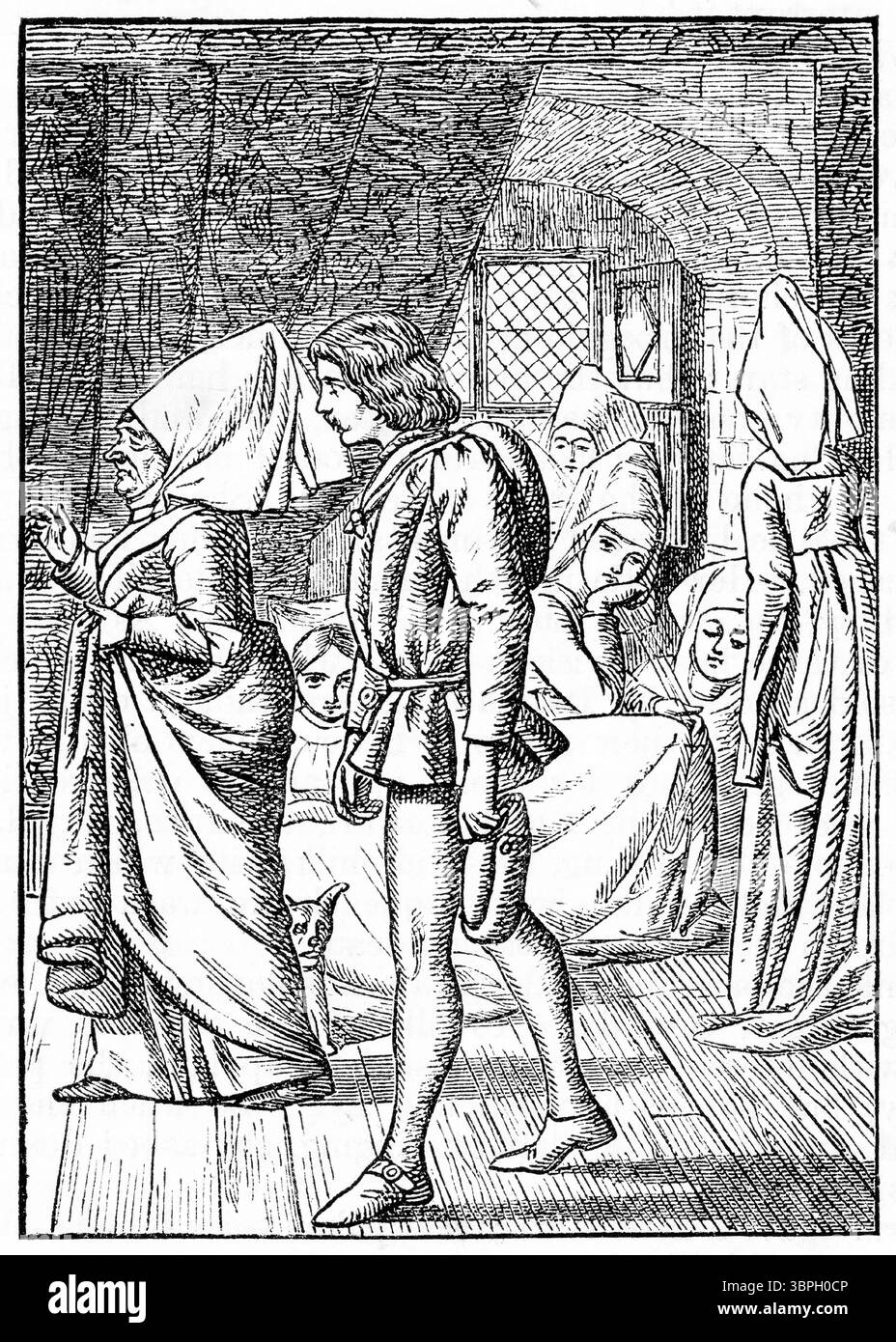 Illustrazione dal libro The Cloister and the Hearth di Charles Reade, intorno al 1860, ma ambientata nel Medioevo. Foto Stock