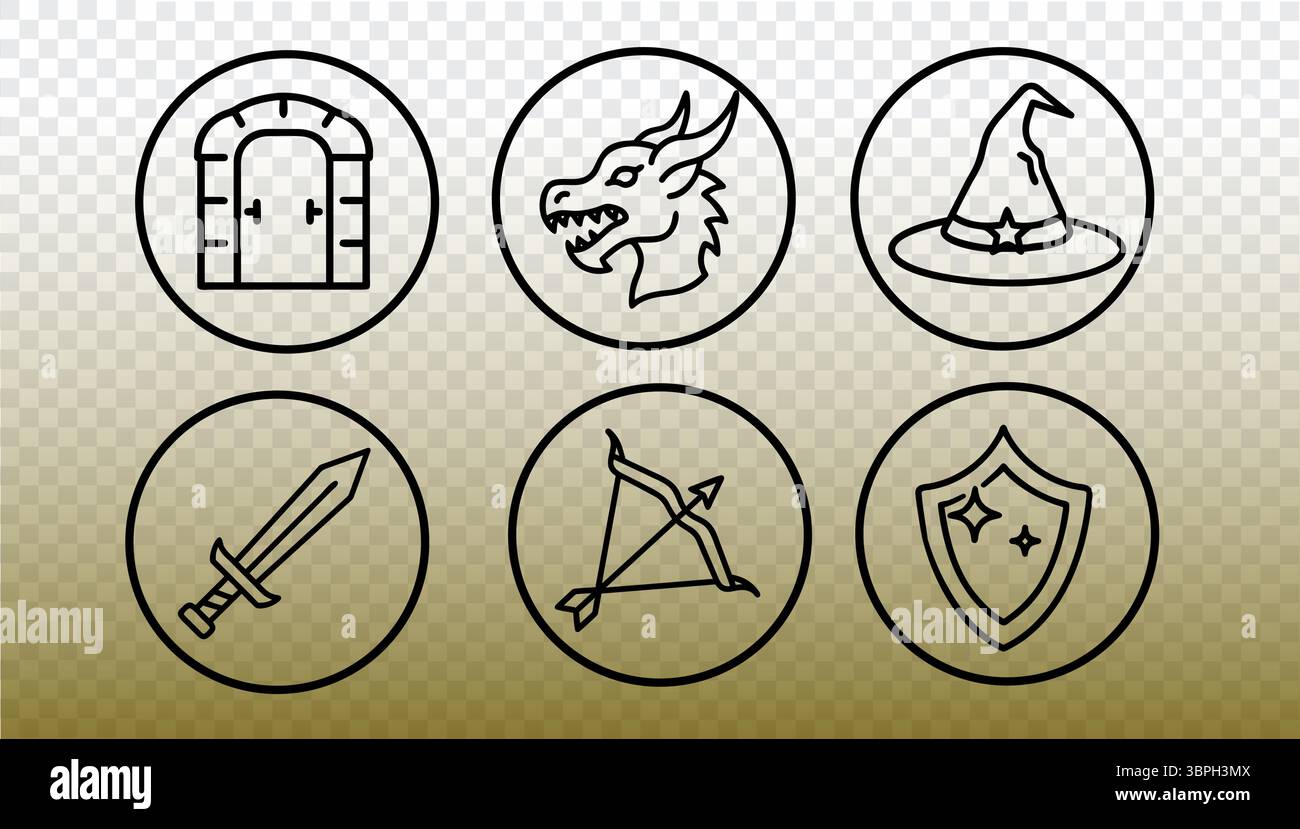 Set di icone per giochi magici. Collezione di simboli Fantasy RPG. interfaccia utente delle applicazioni di sviluppo Web per giochi. Vettore di sfondo bianco in stile lineare Illustrazione Vettoriale
