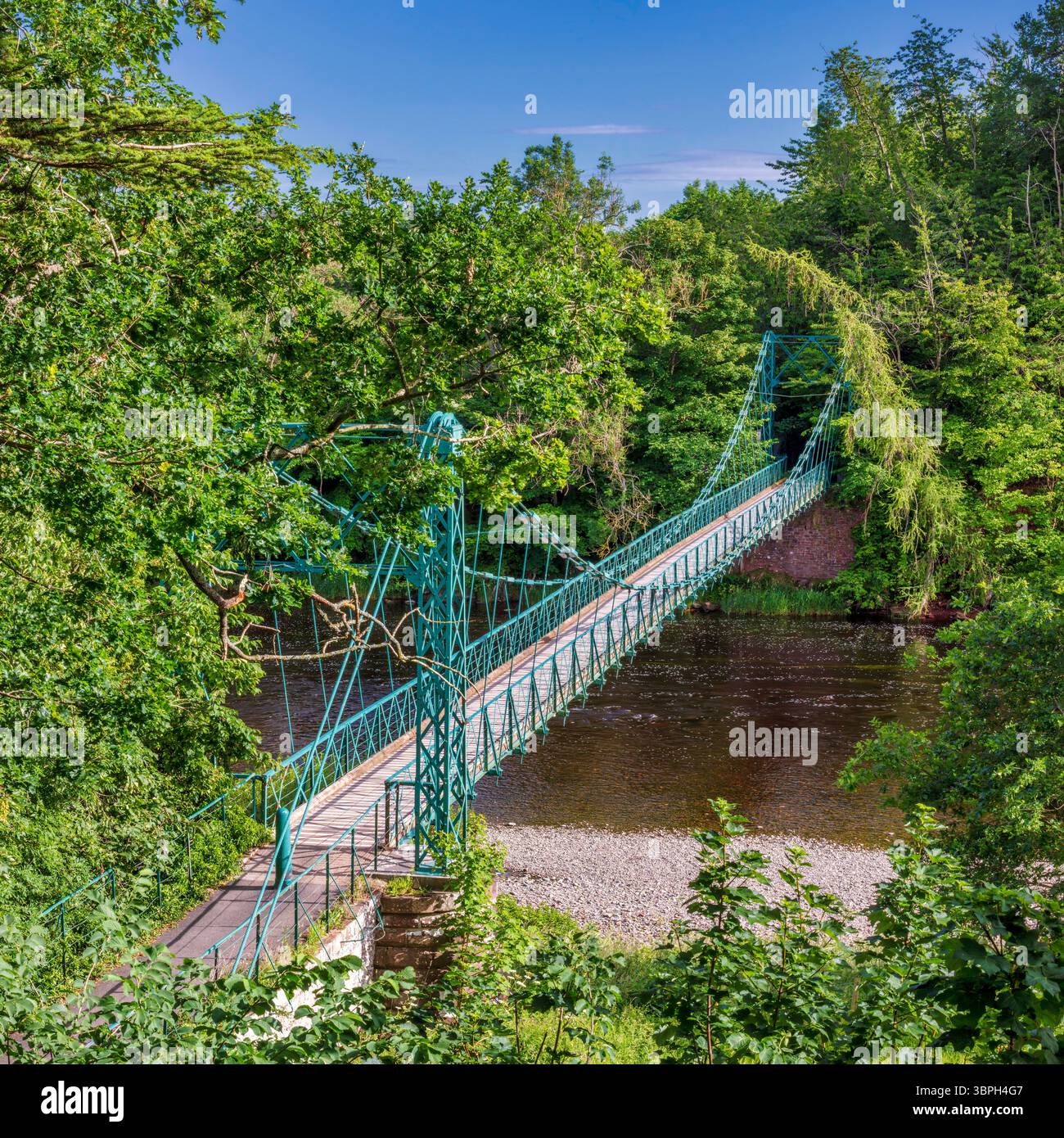 In estate, in una giornata di sole, potrai ammirare il ponte sospeso di Dryburgh sul fiume Tweed negli Scottish Borders, in Scozia Foto Stock