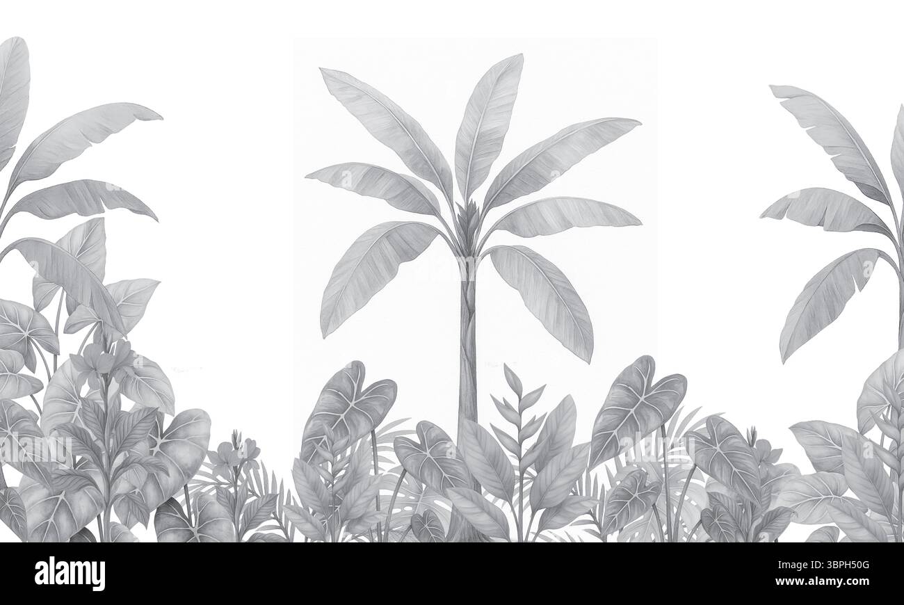 Scena della giungla ad acquerello grigio con alberi di banana e fogliame: Arte murale tropicale minimale Foto Stock