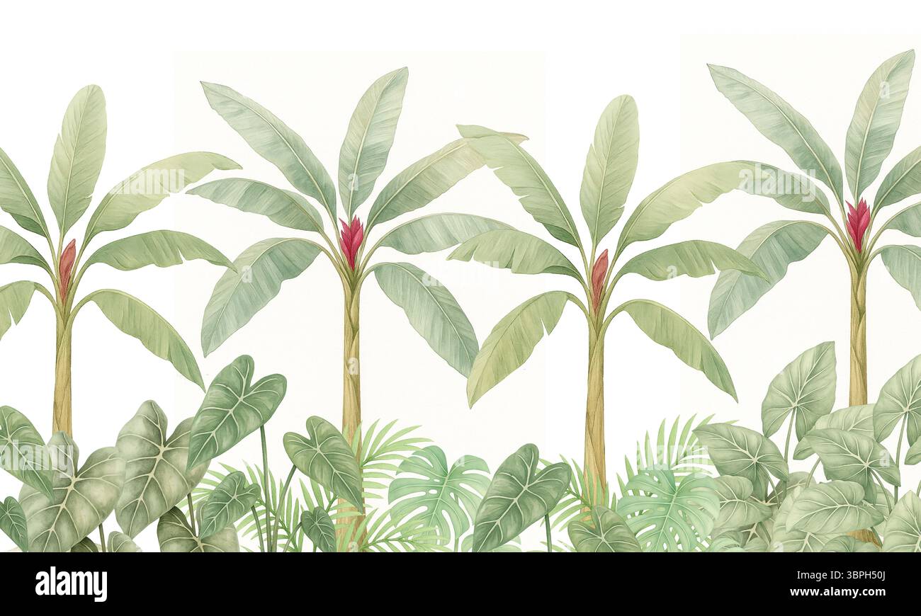 Murale tropicale con palme di banana con fiori rossi - lussureggiante carta da parati botanica ad acquerello Foto Stock