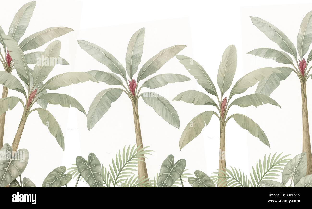 Murale con palme di banana con fiori rossi: Carta da parati con fogliame tropicale in stile acquerello Foto Stock