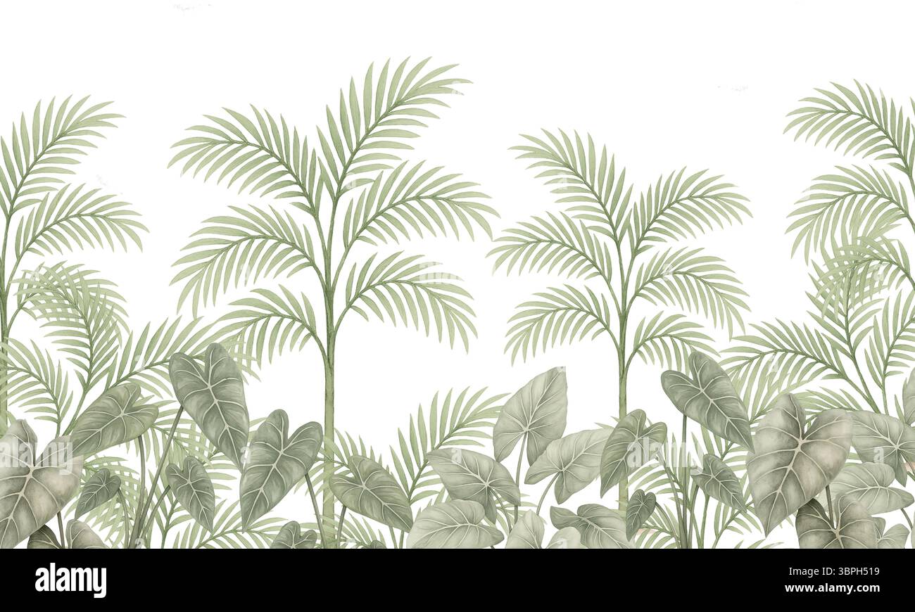 Murale con palma tropicale e sottobosco morbido: Carta da parati botanica neutra per interni Foto Stock