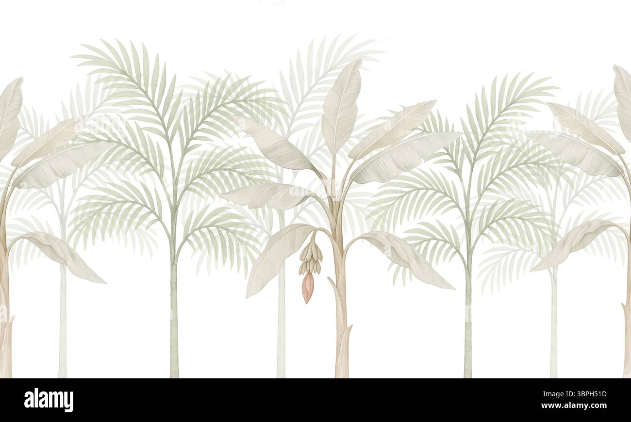 Murale botanico dai colori neutri con palme, arte tropicale per interni Foto Stock