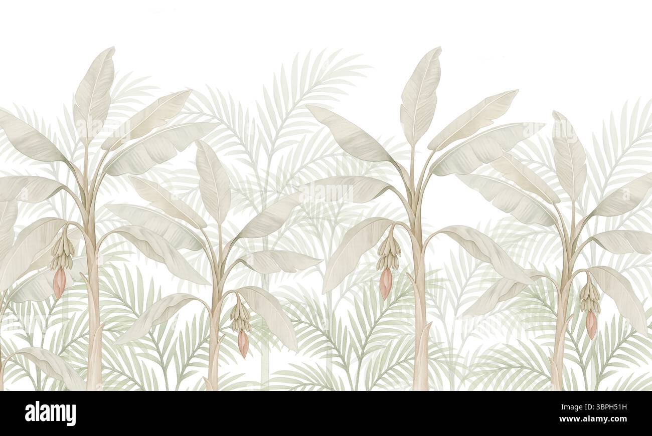 Elegante murale tropicale con palme di banana: Carta da parati botanica con fogliame a strati Foto Stock
