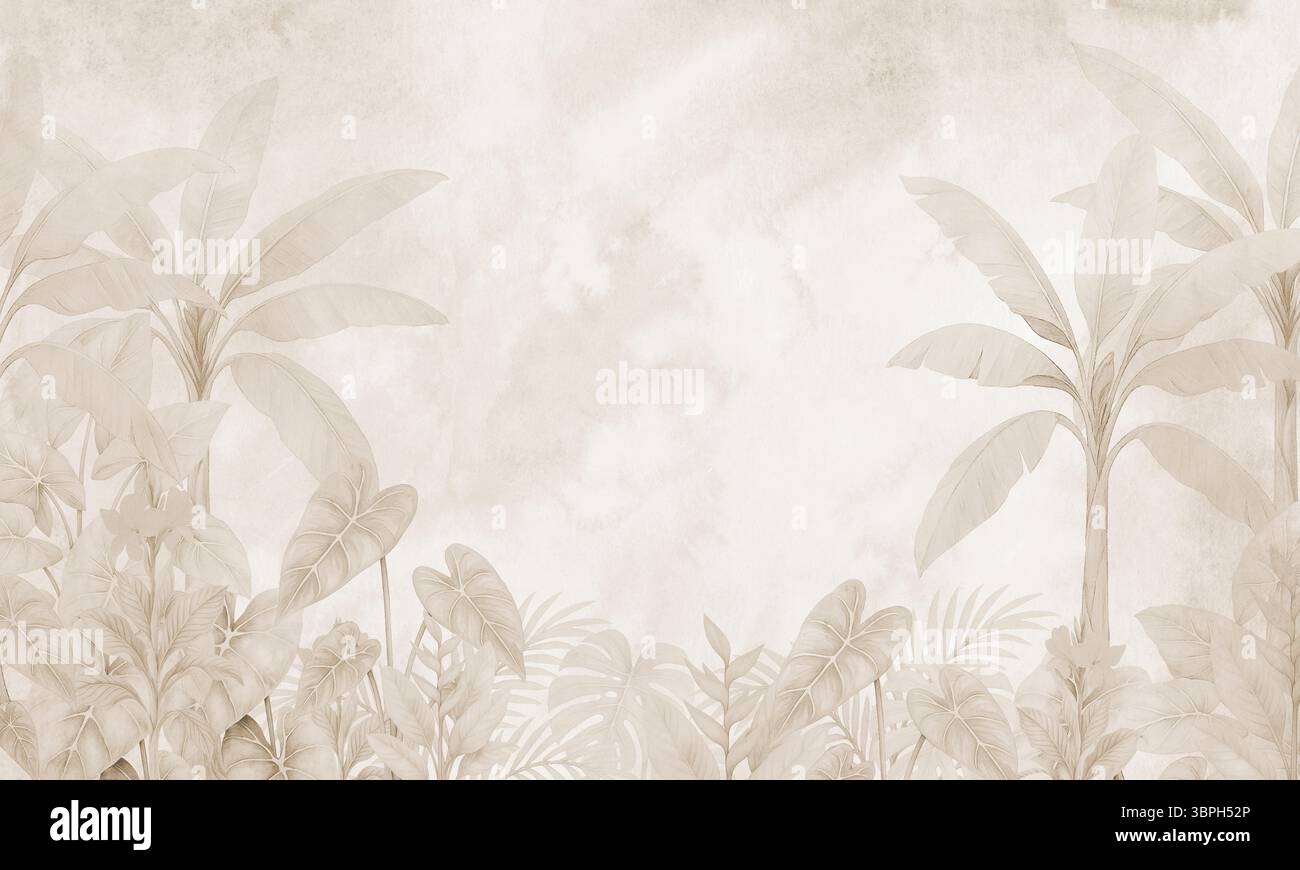 Murale beige con paesaggio di palme tropicali con morbide texture vintage: Arte botanica da parete Foto Stock
