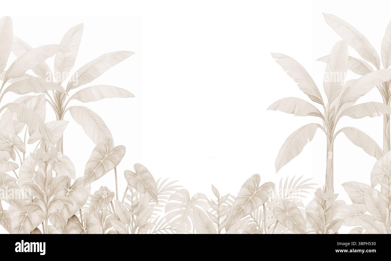 Murale tropicale beige minimale con palme e vegetazione della giungla: Carta da parati botanica neutra Foto Stock
