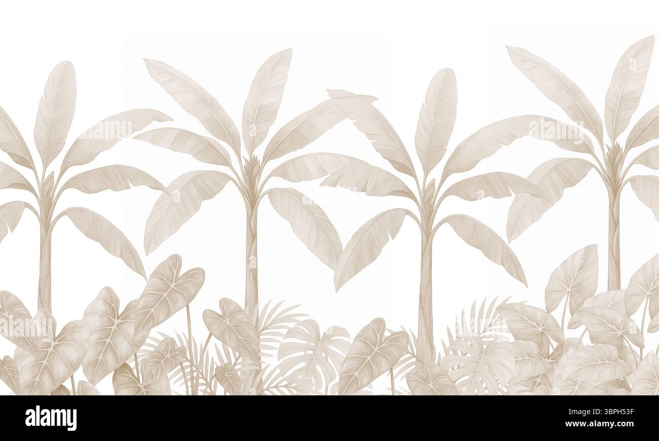 Murale con palme tropicali neutre con vegetazione vegetale nella giungla: Carta da parati decorata in morbido stile Foto Stock