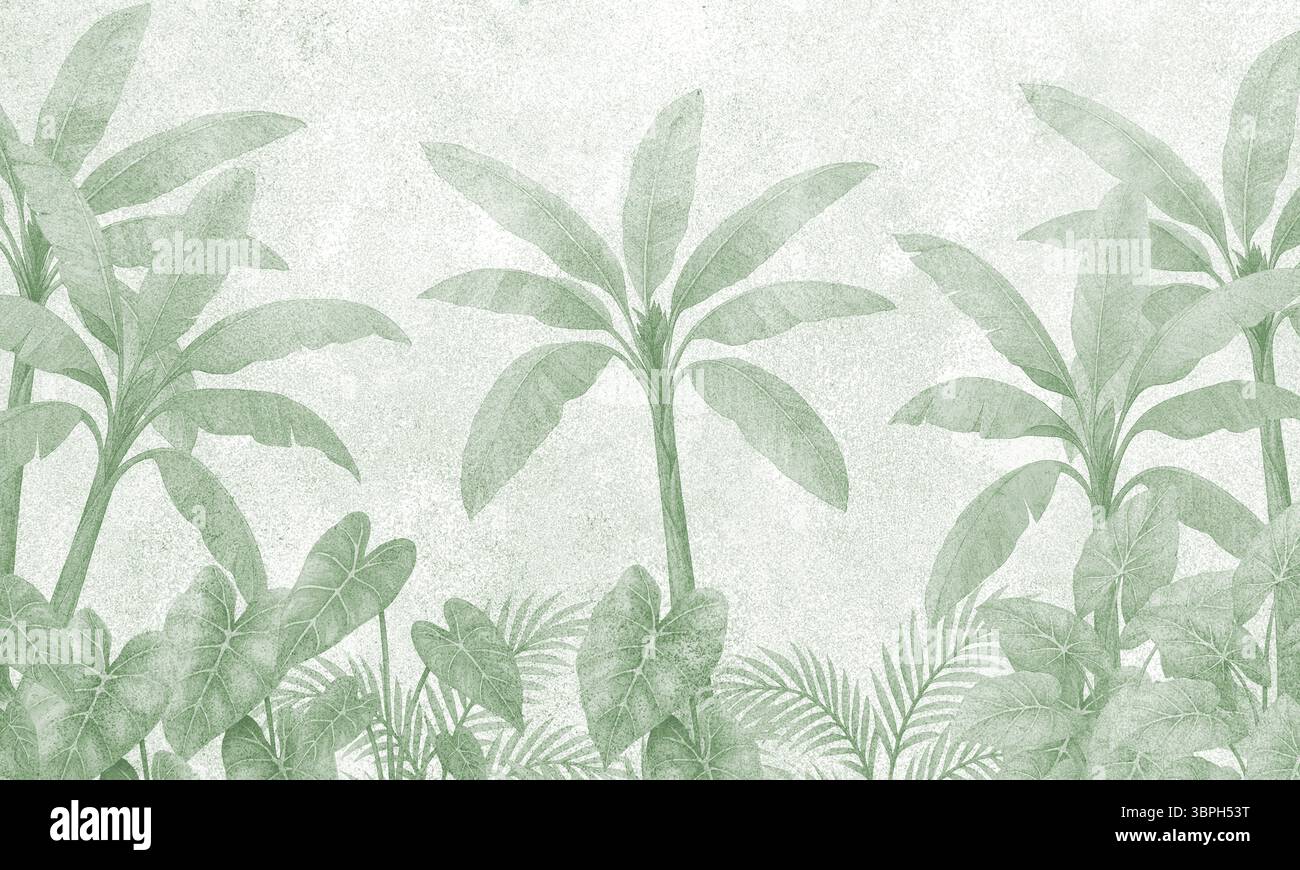 Carta da parati verde con palme tropicali con piante della giungla - fresco murale botanico per interni Foto Stock