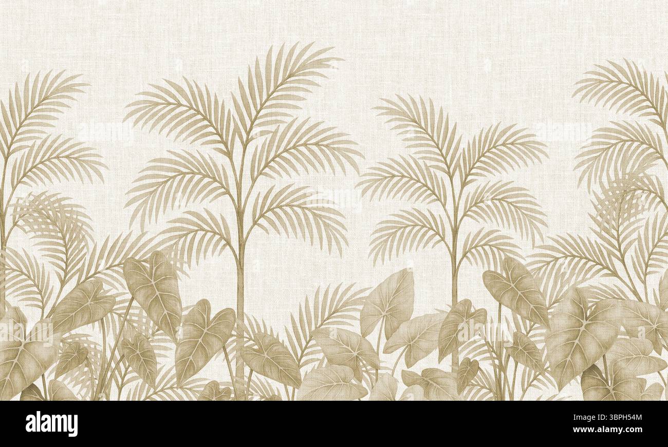 Murale con foglie di palma tropicale con sfondo in lino testurizzato beige, carta da parati botanica Foto Stock
