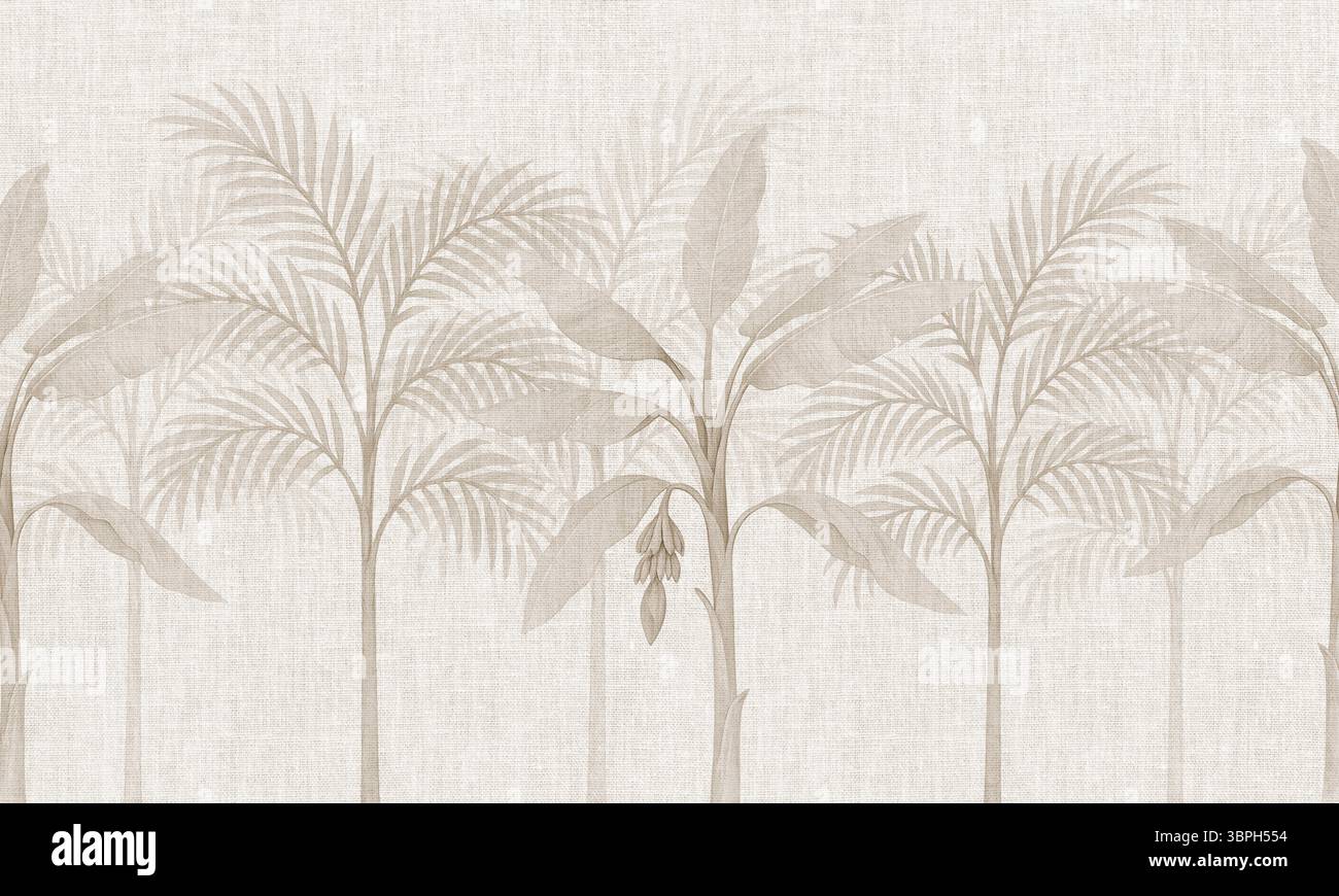 Sottile carta da parati con palme tropicali in tessuto lino, un delicato murale botanico in taupe Foto Stock