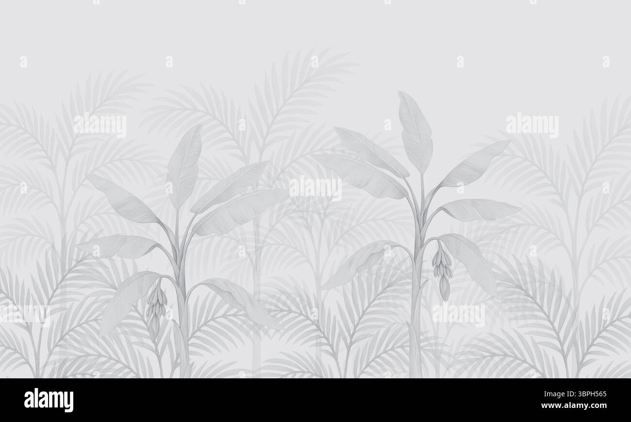 Carta da parati con palme botaniche monocromatiche - murale tropicale con fogliame grigio tenue Foto Stock
