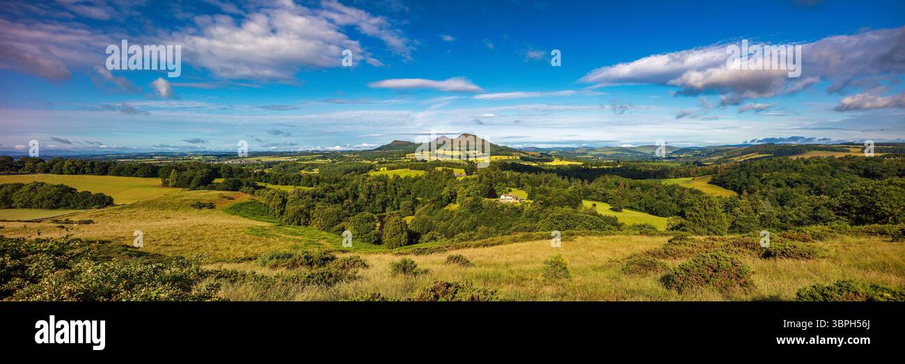 Una vista in una soleggiata giornata estiva che si affaccia su Scott's View e sulle Eildon Hills vicino a Melrose, negli Scottish Borders, Scozia, Regno Unito Foto Stock Una vista in una soleggiata giornata estiva che si affaccia su Scott's View e sulle Eildon Hills vicino a Melrose, negli Scottish Borders, Scozia, Regno Unito Foto Stock