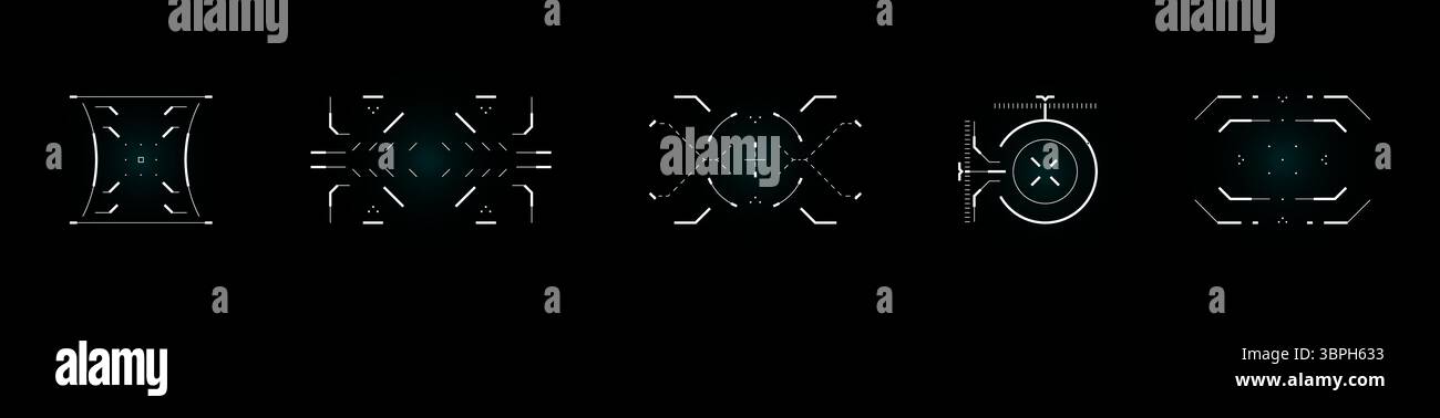 Interfaccia utente HUD target futuristica con radar, mirino, campo d'azione e vista da cecchino. Interfaccia vettoriale Cyber-tech per giochi di tiro, dashboard militare o fantascienza Illustrazione Vettoriale