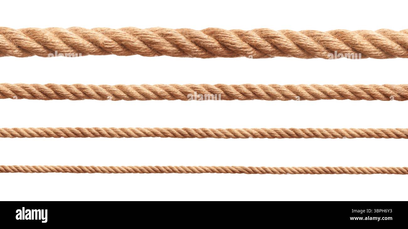 Funi di diverso spessore isolate su bianco, set Foto Stock