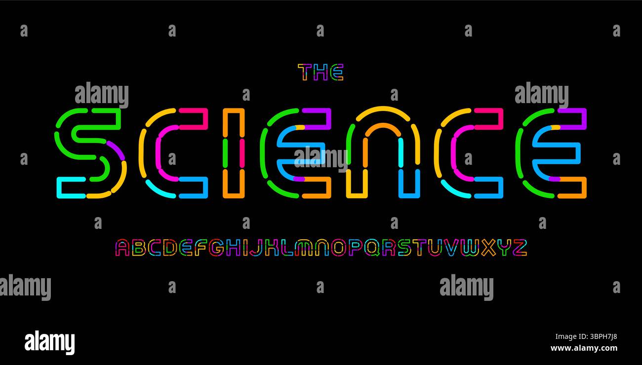 Carattere didattico Kid Science, alfabeto colorato STEM per titoli scientifici, divertente gioco scientifico e design tipografico del libro delle lezioni. Vettore moderno Illustrazione Vettoriale