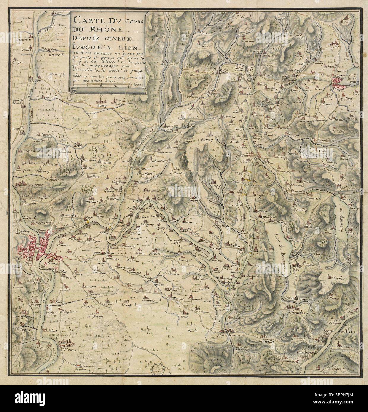 Mappa storica intitolata carte du cours du Rhône de Genève à Lyon (1787), raffigurante il corso del fiume Rhône da Ginevra a Lione. Questa mappa francese del XVIII secolo evidenzia porti, guadi e postazioni militari strategiche lungo il fiume, segnate da piccole ancore e simboli fortificati. Foto Stock