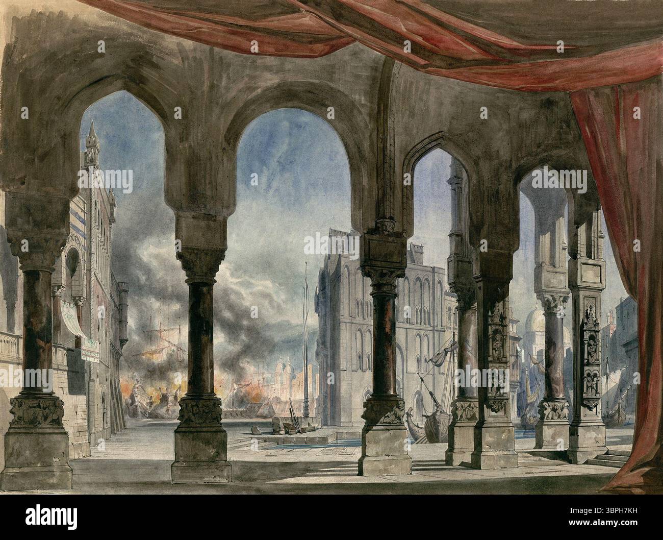 Scenografia di Charles-Antoine Cambon per il V atto, scena 2 de la reine de Chypre, la grande opera di Fromental Halévy. Creata per la prima del 1841 all'Théâtre de l'Opéra-le Peletier, questa scena drammatica presenta una città portuale in fiamme vista attraverso archi gotici ornati. Foto Stock